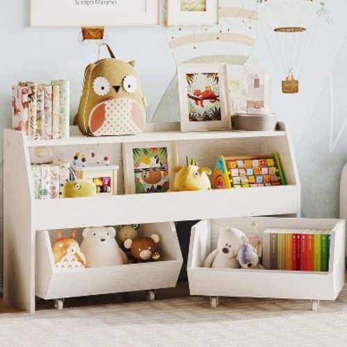 BALHAM TRADE-Kids Toy Storage Organizer - Drawers Cabinet Shelf Bookcase for Nursery Playroom White 11.7"D x 40.2"W x 23.7"H