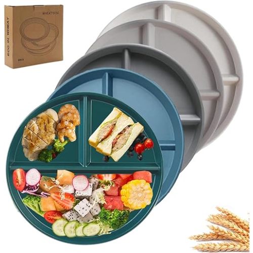 9" Unbreakable Divided Plates Set of 5, Wheat Straw Plate Reusable Dinnerware Portion Control Plate, Round Bariatric Plastic Plate for Kids Adults, BPA-free, Dishwasher Safe