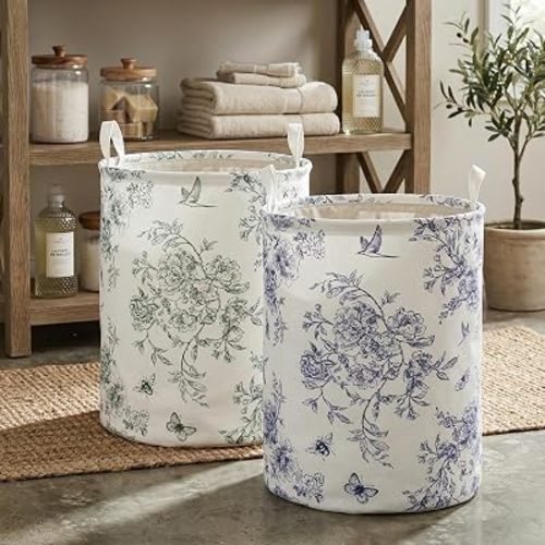 2Pcs Blue Floral Laundry Basket Cute Girls Nursery Hamper Kids Baby Flowers Room Decor Foldable Oxford Cloth Funny Tote Clothes Storage Bucket Organizer For Bedroom (Floral)