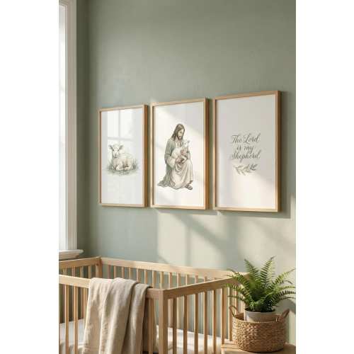 Good Shepherd Nursery Wall Art, Set of 3 Jesus and Lambs Bible Story Prints, Meaningful Baptism Gift for Baby Boy, Earthy Christian Decor