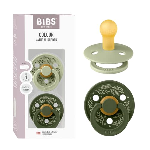BIBS Colour Pacifier, 0-6 Months, 2-Pack, Round Nipple, Sage/Hunter Green | Natural Rubber | Size 1 | BPA-Free | Made in Denmark | High Nipple Acceptance | Airflow Holes | Comfort Shield