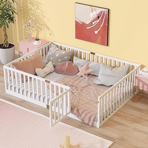 Full Size Floor Bed with 21.5" High Rails and Door, Solid Rubber Wood Montessori Bed Full for Boys Girls, Low Profile Kids Beds Frame with 6 Slats, No Box Spring Needeed, White