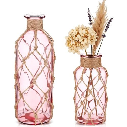 Chuangdi Set of 2 Coastal Glass Vases for Flowers TSITP Flower Vase with Boho Rope Small Sea Glass Jar Nautical Beach Bottle for Wedding Table Centerpieces Floral Arrangement Decor(Pink)