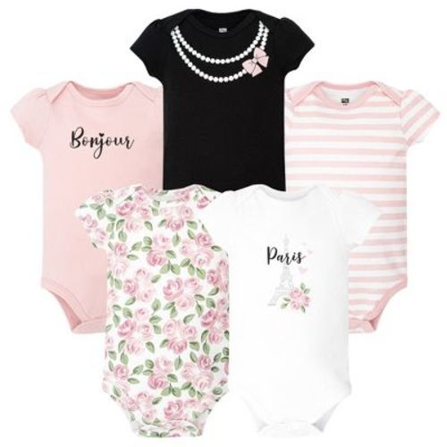 Hudson Baby Infant Girls Cotton Bodysuits 5-Pack, Bonjour Paris, 6-9 Months