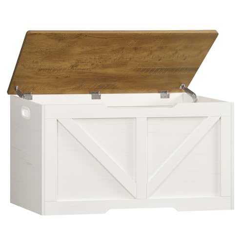 usikey 39.4" Storage Chest, Toy Box with 2 Safety Hinges, Lift Top Wooden Toy Chest, Storage Bench, for Living Room, Bedroom, Entryway, White+Honey Brown