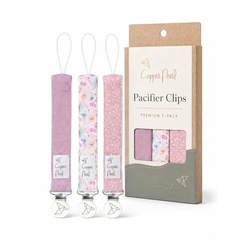 Copper Pearl Premium Knit Pacifier Clips 3-Pack: Stylish Stainless Steel Holders for Baby Girls and Boys - Prevents Floor Drops - Bloom Design