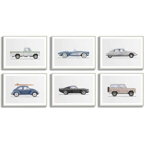 ZLYARTMP 6Pcs Nursery Car Wall Art Vintage Racecar Canvas Pictures Baby Room Supercars Wall Decor Kids Room Watercolor Car Paintings Prints Retro Vehicle Posters For Boys Bedroom Decor Unframed