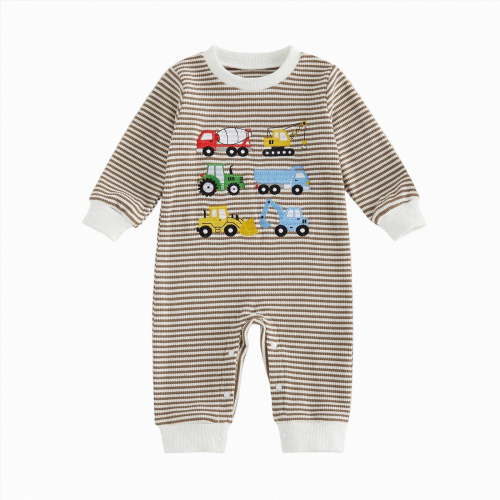 felwors Baby Boy Fall Clothes Newborn Winter Outfit Truck Embroidered Jumpsuit Cotton Striped Long Sleeve Romper Onesie (Brown,0-3 Months)