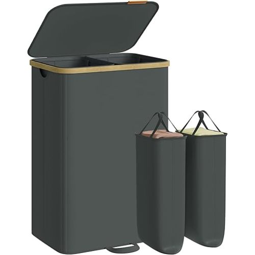 SONGMICS Laundry Hamper, Laundry Sorter with Lid, Storage Basket Bin, Removable Liners, Bamboo Frame, for Bedroom, 2 Sections, 39.6 Gal. (150 L), Slate Gray ULCB532GN01