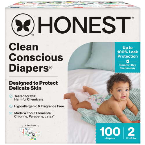 Honest Clean Conscious Baby Diapers Size 2 (12-18 lbs), Hypoallergenic and Fragrance Free, 100 Count