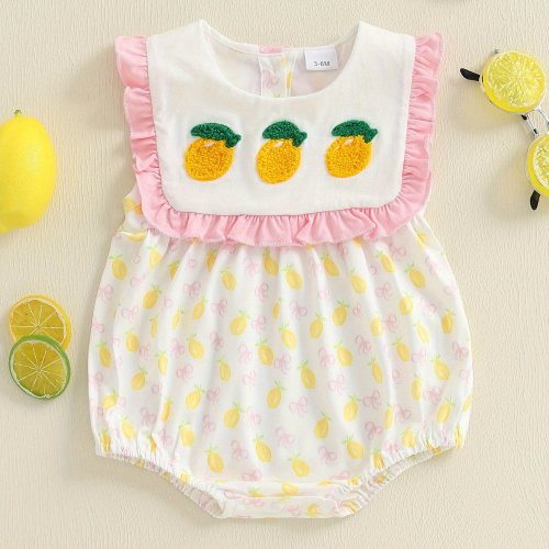 Baby Girl Sleeveless Romper - Lemon & Floral Print Bodysuit with Ruffled Shoulders, Soft Pink Trim, Breathable Summer Outfit, Machine Washable Newborn Playsuit, Warm Weather Babywear, Playful Design, Easy Care, Toddler Outfit, Lightweight Material, In