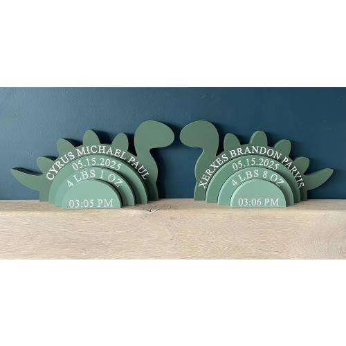 Personalised wooden dinosaur stacker, engraved wooden rainbow stacker, personalised new baby gift