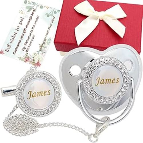 Personalized Pacifier Set with Name, BPA Free, Bling Gold Silver Pink Rose Gold Luxurious Ideal Gift for Newborns (Silvery)