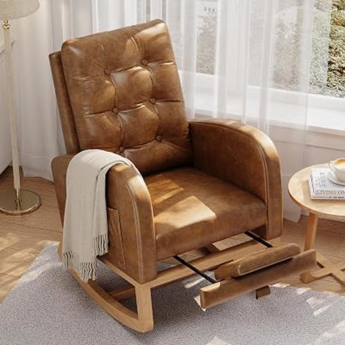 Garvee Modern Nursery Rocking Chair, PU Leather Upholstered Rocking Chair with Footrest, Comfortable Rocker Recliner with Side Pocket, Rocker Glider for Living Room, Bedroom, Nursing Room, Brown