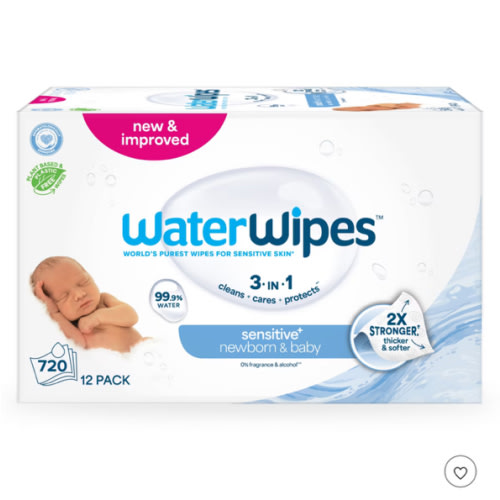 WaterWipes Sensitive+ Newborn & Baby Wipes, 3-In-1 Cleans, Cares, Protects, 99.9% Water, Unscented & Hypoallergenic, 720 Count (12 Packs)