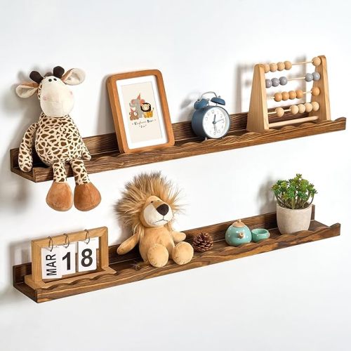 Picture Ledge Shelf for Wall, 36 inch Pine Wood Nursery Book Shelves Set of 2- Wall Book Shelves for Kids Room, Home Decor - Kitchen Spice-Carbonized