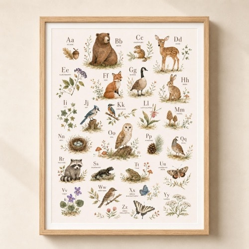 Woodland Alphabet Poster, Animal ABC Print, Educational Nursery Wall Art, Kids Playroom Decor, Forest Animals, Printable Digital Download