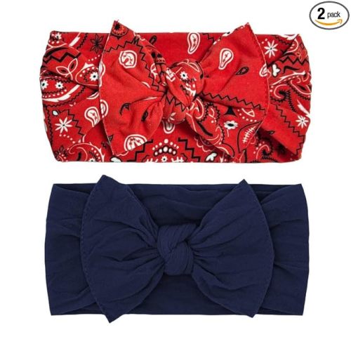 Baby Bling Bows - Newborn to Little Baby Girl Bows, 2PK PRINT SOLID KNOTS Nylon Super Soft Stretchy Toddler Headbands, Perfect Hair Accessories Head Bands for Infant Kids (Red Bandana & Navy)