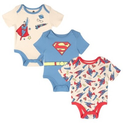 WARNER BROS DC Comics Justice League Baby Boys' 3-Pack Allover Print Short Sleeve Creepers with Snap Closure Superman Blue Ivory 0-3 Months