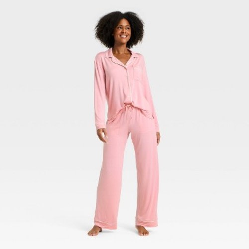 Women's Cloud Knit Modal Long Sleeve Notch Collar Top and Pants Pajama Set - Auden™ Pink S