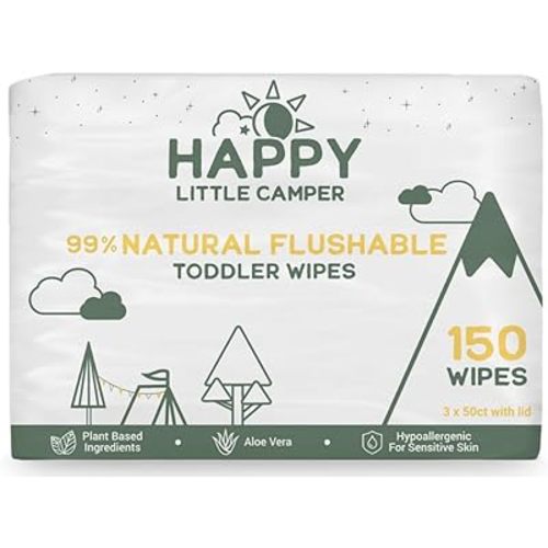 Happy Little Camper Natural Flushable Wipes - Hypoallergenic Wet Wipes with Aloe Vera, Chamomile and Pomegranate Extract - Unscented Baby Wipes Safe for Sensitive Skin - 150 Count