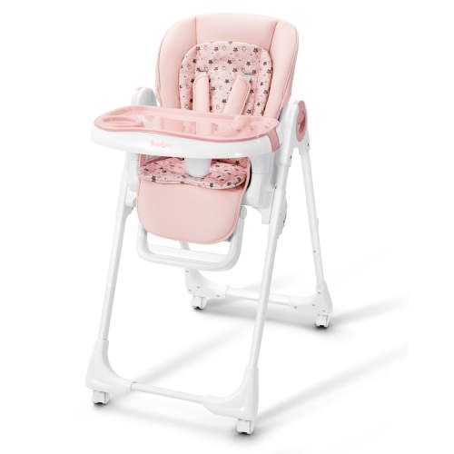 Babilous Foldable High Chair with Soft Cushion, High Chairs for Babies and Toddlers, Height Adjustable Feeding Chair, Adjustable Backrest and Footrest, Lockable Wheels, Pink