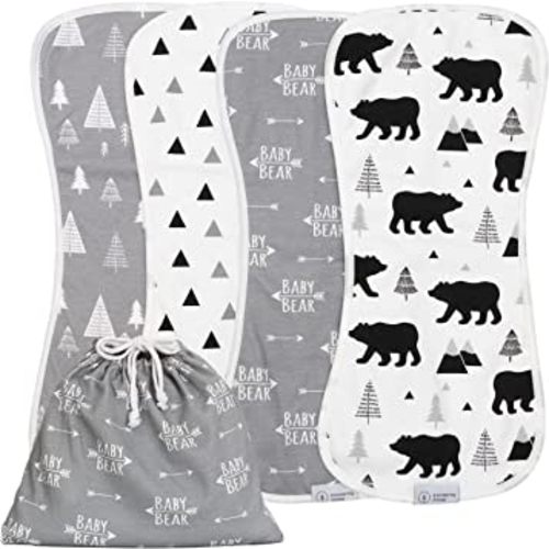 Organic Burp Cloths for Baby Boys and Girls with Bag - XLarge Absorbent Burping Clothes, Newborn Towel, Milk Spit Up Rags, Burpy Cloth Bib for Unisex, Boy, Girl, Baby Bear Woodland, 4 Pack