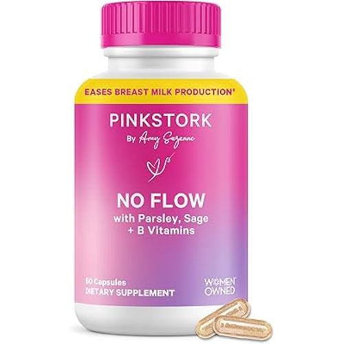 Pink Stork No Flow: Dry Up Breast Milk Supply with Sage, Parsley, and B Vitamins, Postpartum Essentials for Women to Stop Breastfeeding and Decrease Milk Production, 60 Capsules