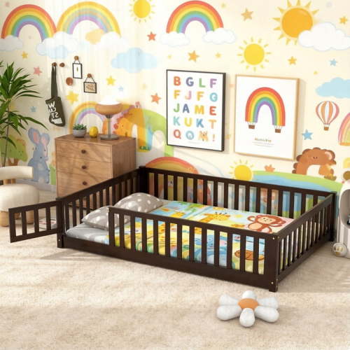Bellemave Full Floor Bed with Door and Safety Guardrails, Full Size Montessori Floor Bed with Removable Slats, Low Profile Floor Bed full, Espresso