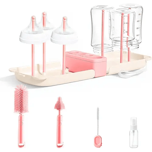 Portable Baby Bottle Brush Set, 7 in 1 Travel Baby Bottle Cleaner Kit, Portable Bottle Washing Kit with Silicone Bottle Brush, Nipple Brush, Straw Brush, Drying Rack for Home and Travel (Pink)
