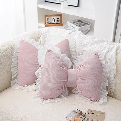 Set of 2 Bow Shaped Throw Pillow Soft Bowknot Decorative Pillows Cute Car Lumbar Pillows Novelty Bow Pillow for Sofa Couch Bed Living Room Bedroom