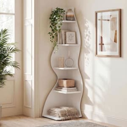 Eulas 69.8 in. Tall Green Wood 5-Shelf Standard Bookcase Corner Bookshelf with Storage Shelf and Curvy Shelf