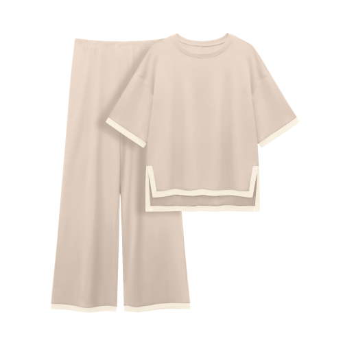 MINTREUS Women's Cotton 2-Piece Loungewear Short-Sleeve Round-Neck Pullover Top Wide-Leg Pants Women's PJ Casual Set S-4X