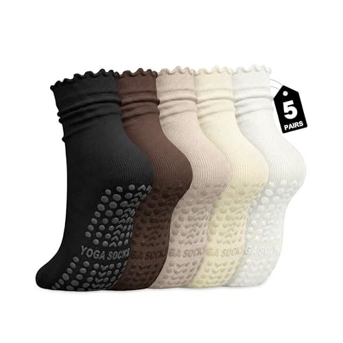 Pilates Socks with Grips, Womens Non Slip Cotton Yoga Socks | Slouchy Ruffle Cuffs, Anti-slip Dots, Arch Support, Moisture-Wicking, Fits For Barre, Workout Hospital, Elderly Pregnant