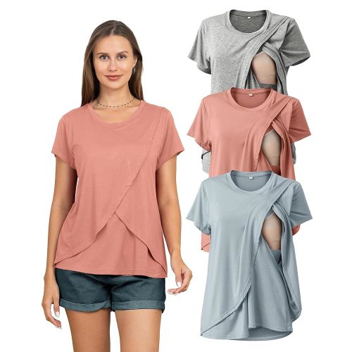 Rnxrbb 3 Pack Women's Nursing Tops for Breastfeeding Summer Short Sleeve T Shirts Postpartum Double Layer Clothes