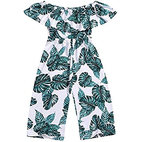 BOEBNOZCV Toddler Kids Girls Palm Leaf Wide Leg Jumpsuit Ruffle Off-Shoulder Romper Overalls Hawaii Outfit Clothing