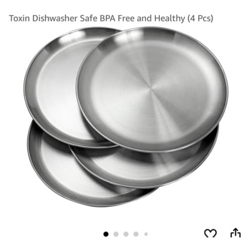 WANBY Stainless Steel Plates 10 inch Metal Lightweight Steel Plate Unbreakable Dinner Dishes Plates Set Non-Toxin Dishwasher Safe BPA Free and Healthy (4 Pcs)