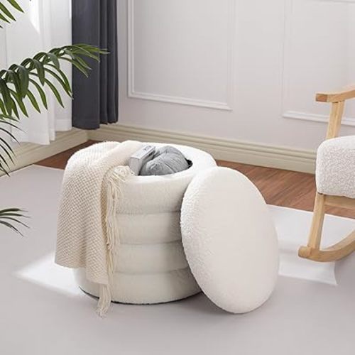 Teddy Sherpa Round Ottoman with Storage, Modern Upholstered Vanity Stool Foot Rest, Small White Boucle Storage Ottoman for Bedroom, Living Room, Entryway, Dorm