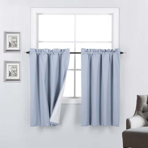 2 Piece 100% Blackout Insulated Rod Pocket Kitchen Curtain Tiers Set for Small Windows 36" Long, Slate Blue