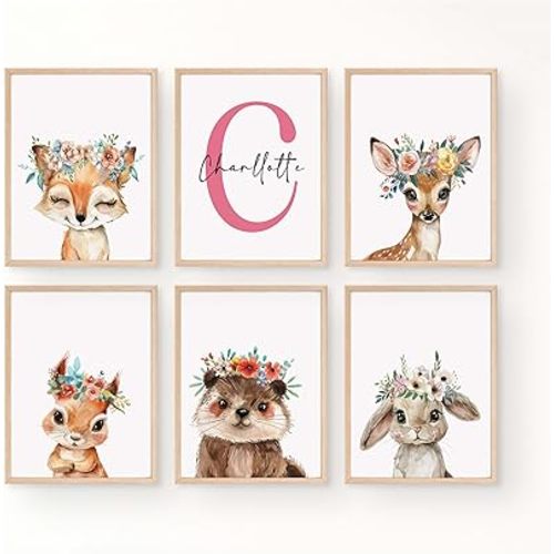 Personalized Flower Woodland Animals for Baby Girl Nursery Bedroom Unframed Poster Prints, Customized Name Cute Animals Wall Art Decor New Baby Girl Gift Present Bear Deer Bunny (12x16, 6 Prints)