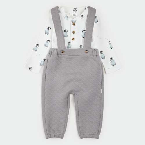 Penguin print & Fog Quilted Overall Set