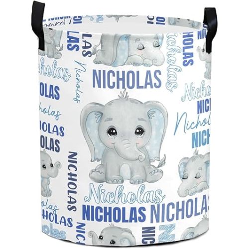 Large Custom Name Laundry Hamper, Elephant Personalized Dirty Clothes Hamper Storage Basket with Name for Bathroom Bedrooms, Customized Name Circular Hamper with Handles for Baby Boys Girls Men Women