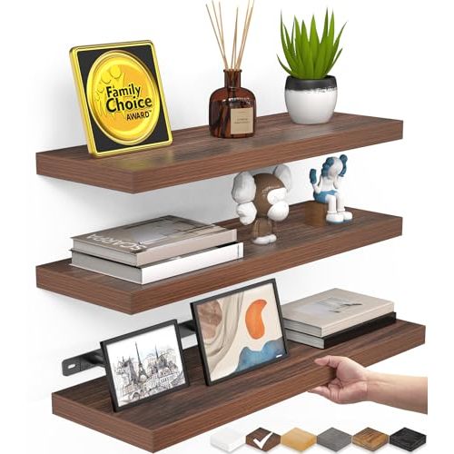 BAYKA Floating Shelves for Wall, Wall Mounted Rustic Wood Shelves for Bathroom, Bedroom, Living Room, Kitchen,Small Hanging Shelf for Books/Storage/Room Decor (Walnut-Like, Set of 3, 15.7in)