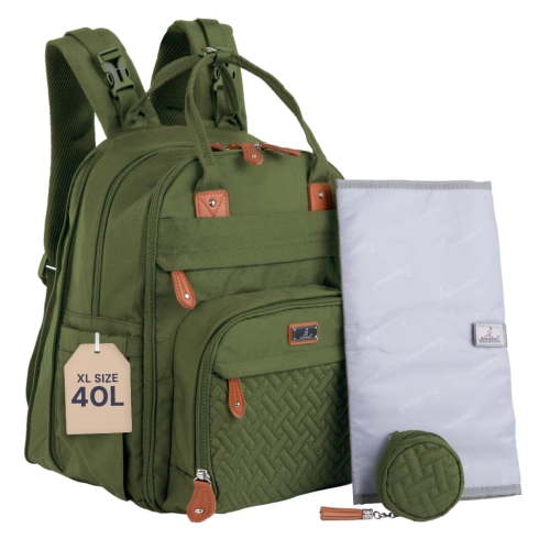 BabbleRoo Diaper Bag Backpack, Multifunction Original Baby Diaper Bag with Insulated Pockets- Extra Large, Forest Green