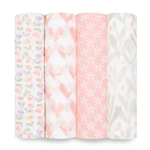 aden + anais Essentials Swaddle Blanket, Boutique Muslin Blankets for Girls & Boys, Baby Receiving Swaddles, Ideal Newborn & Infant Swaddling Set, Perfect Shower Gifts, 4 Pack, Piece of My Heart
