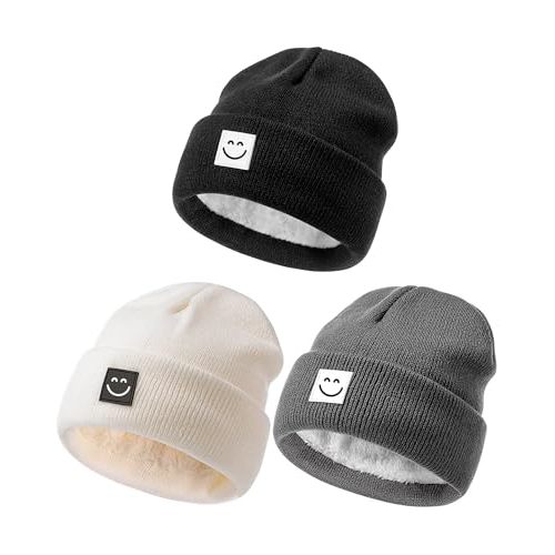 Baby Beanie Hat 3 Packs with Cute Smiley Face, Toddler Girls Boys Baby Hats Winter, Kids Winter Hat Cold Weather