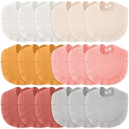 Kenning 18 Pcs Muslin Drool Baby Bibs Ruffle Absorbent Bib with Snap Button Boy Girl for Drooling Teething Infant Newborn