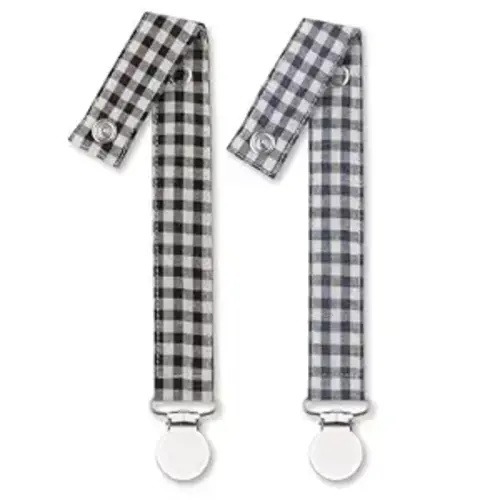 Pacifier Clip Leash Soothie Holder Unisex plaid button for boy （2 Pack）