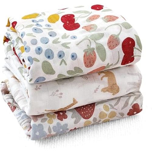 Muslin Swaddle Blankets for Baby Boys and Girls,3 Pack Breathable Soft Receiving Blanket,Large 43.3X 43.3 inches,Newborn Essentials Must Haves(Floral and Animal)