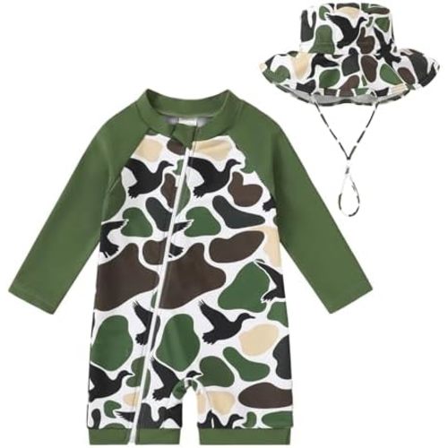 Baby Boys Swimsuit Toddler One Piece Zipper Bathing Suit Long Sleeve Rash Guard Swimwear Sunsuit